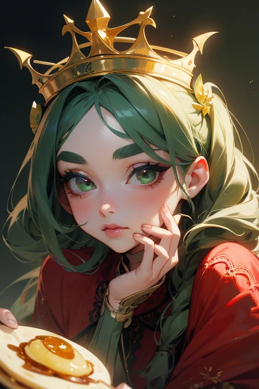 (Highest quality, masterpiece:1.2), High resolution, Very detailed, Realistic:1.37, Fantasy, An illustration, Green Eyes、Queen, Red lace dress.Platinum decoration、beautifully、Eyeshadow Red、Thick eyebrows、Long eyelashes、pupils are black、Her hair is dark green、Gold crown、Kissing Face、Embarrassing、Beloved by the crowd、Hair is green、Braiding、hair ornaments、Eat pancakes、