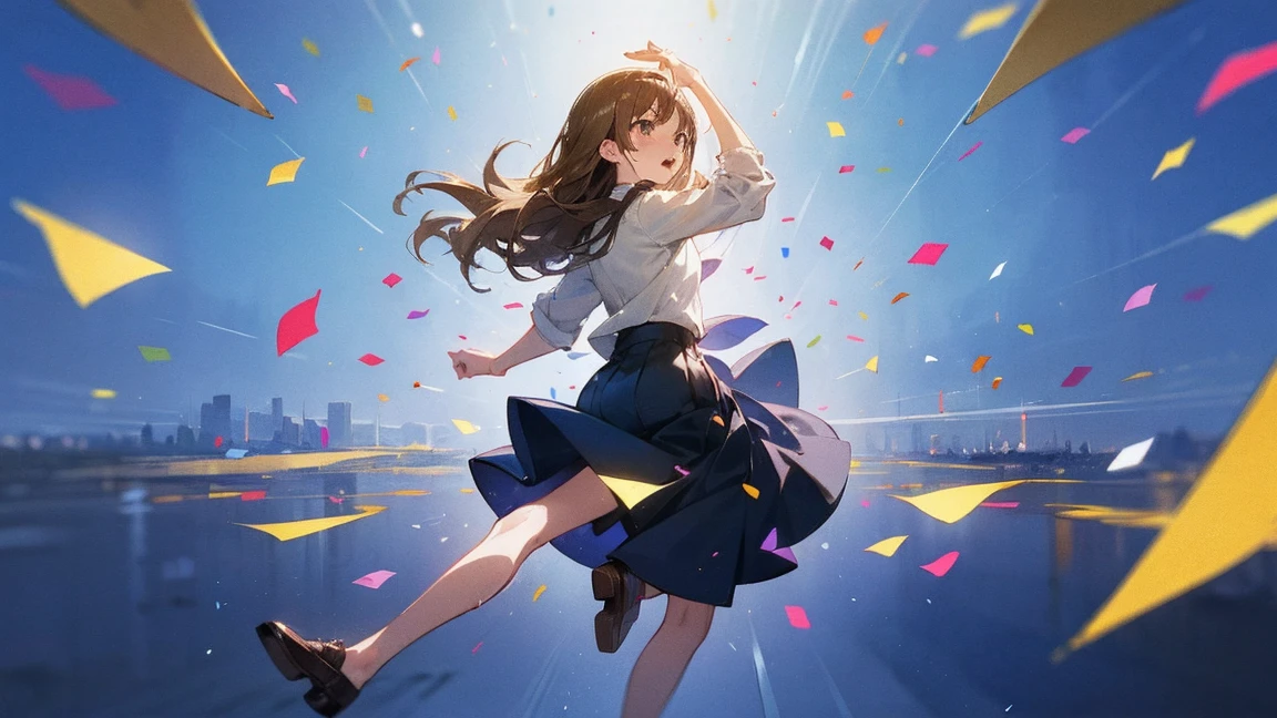 ((Highest quality)), ((masterpiece)), ((Very detailed)),Floatingする女の子,Angry expression，floating，Floating，Confetti，Brown Hair,tears,Levitating,Blue sky background,Feet in the air,tears,gravity,Long skirt,loafers,Raise both hands,beautiful fingers,beautiful hands,fingertip,nail,arms behind back