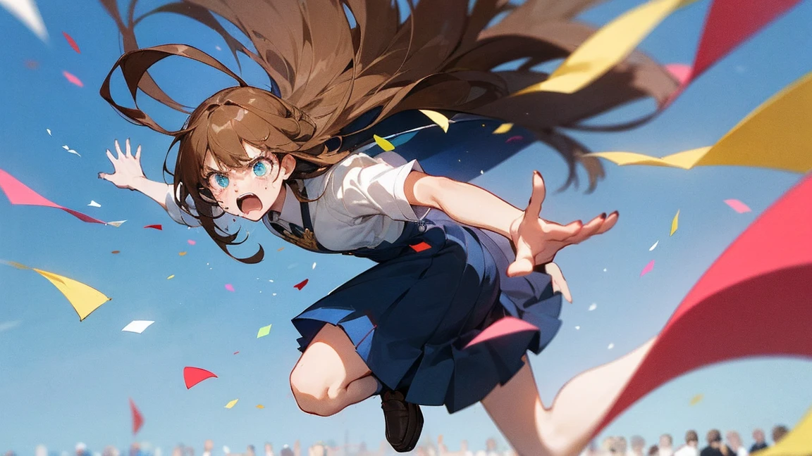 ((Highest quality)), ((masterpiece)), ((Very detailed)),Floatingする女の子,Angry expression,floating,Floating,Confetti,Brown Hair,tears,Levitating,Blue sky background,Feet in the air,tears,gravity,Long skirt,loafers,Raise both hands,beautiful fingers,beautiful hands,fingertip,nail,arms behind back