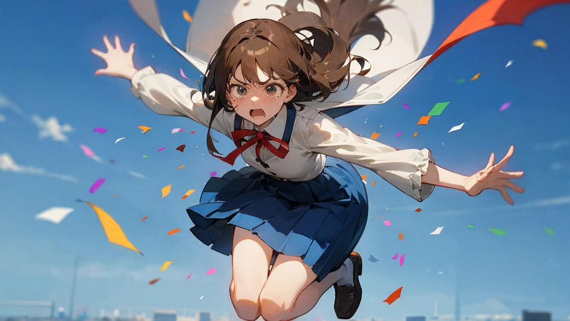 ((Highest quality)), ((masterpiece)), ((Very detailed)),Floatingする女の子,Angry expression,floating,Floating,Confetti,Brown Hair,tears,Levitating,Blue sky background,Feet in the air,tears,gravity,Long skirt,loafers,Raise both hands,beautiful fingers,beautiful hands,fingertip,nail,arms behind back