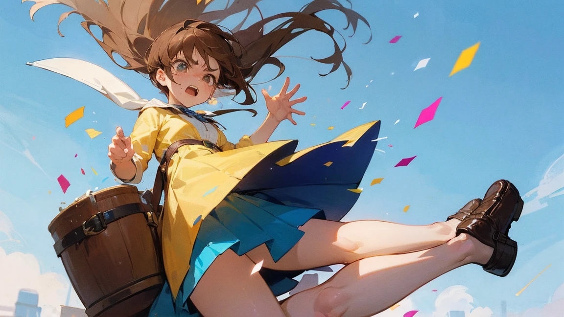 ((Highest quality)), ((masterpiece)), ((Very detailed)),Floatingする女の子,Angry expression,floating,Floating,Confetti,Brown Hair,tears,Levitating,Blue sky background,Feet in the air,tears,gravity,Long skirt,loafers,Raise both hands,beautiful fingers,beautiful hands,fingertip,nail,arms behind back