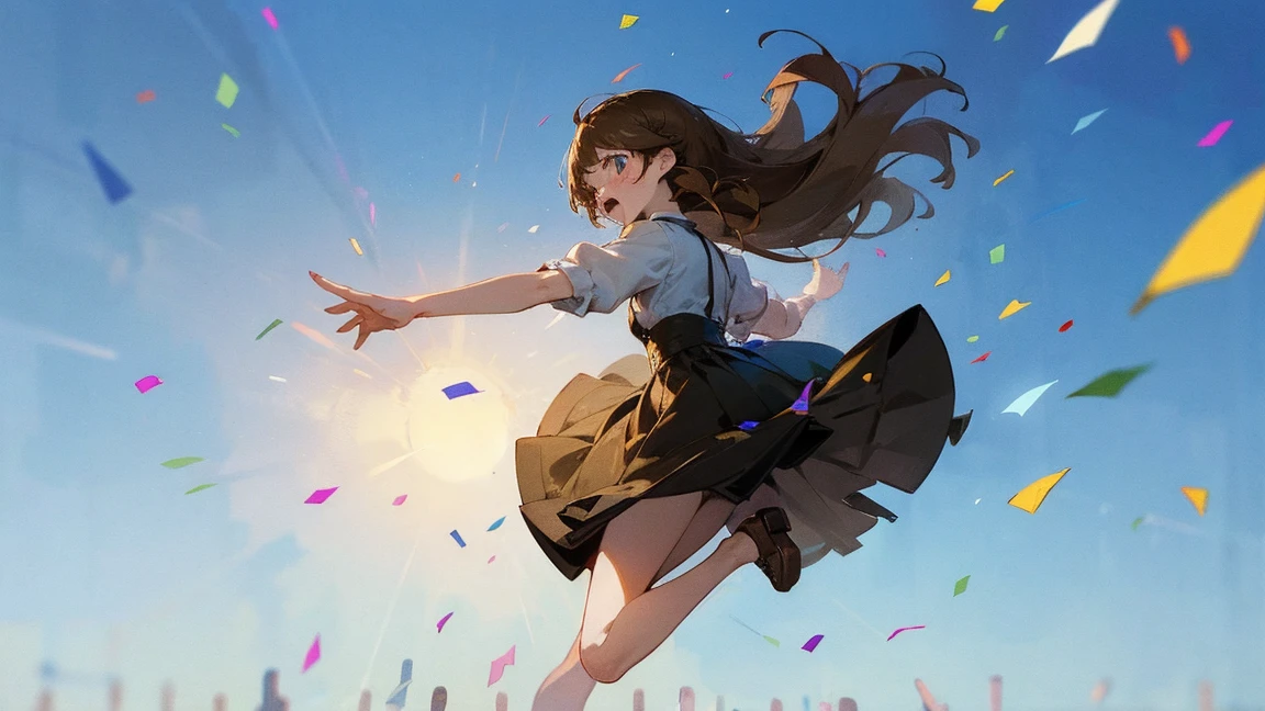 ((Highest quality)), ((masterpiece)), ((Very detailed)),Floatingする女の子,Angry expression，floating，Floating，Confetti，Brown Hair,tears,Levitating,Blue sky background,Feet in the air,tears,gravity,Long skirt,loafers,Raise both hands,beautiful fingers,beautiful hands,fingertip,nail,arms behind back