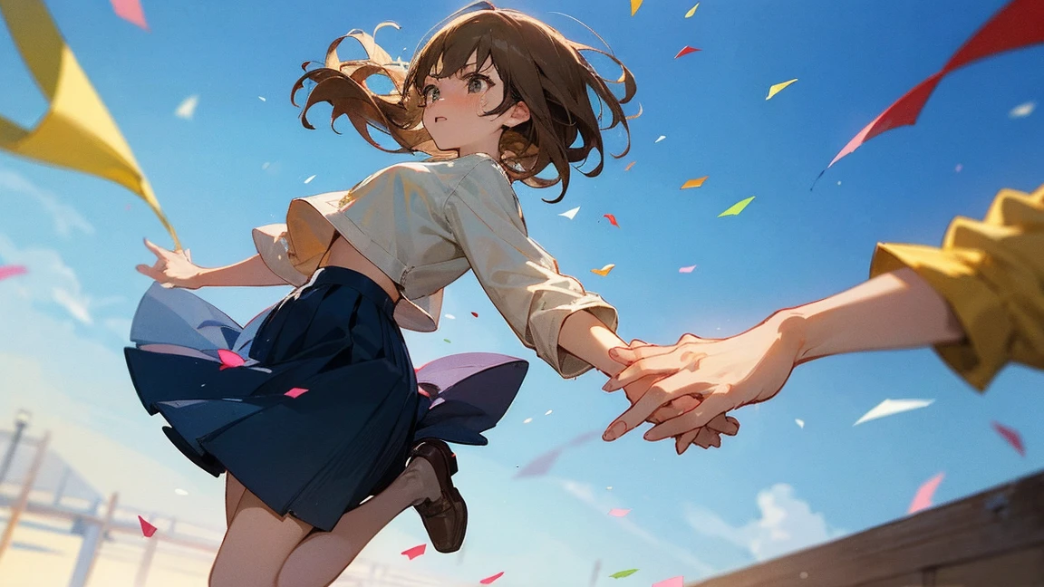 ((Highest quality)), ((masterpiece)), ((Very detailed)),Floatingする女の子,Angry expression,floating,Floating,Confetti,Brown Hair,tears,Levitating,Blue sky background,Feet in the air,tears,gravity,Long skirt,loafers,Raise both hands,beautiful fingers,beautiful hands,fingertip,nail,arms behind back