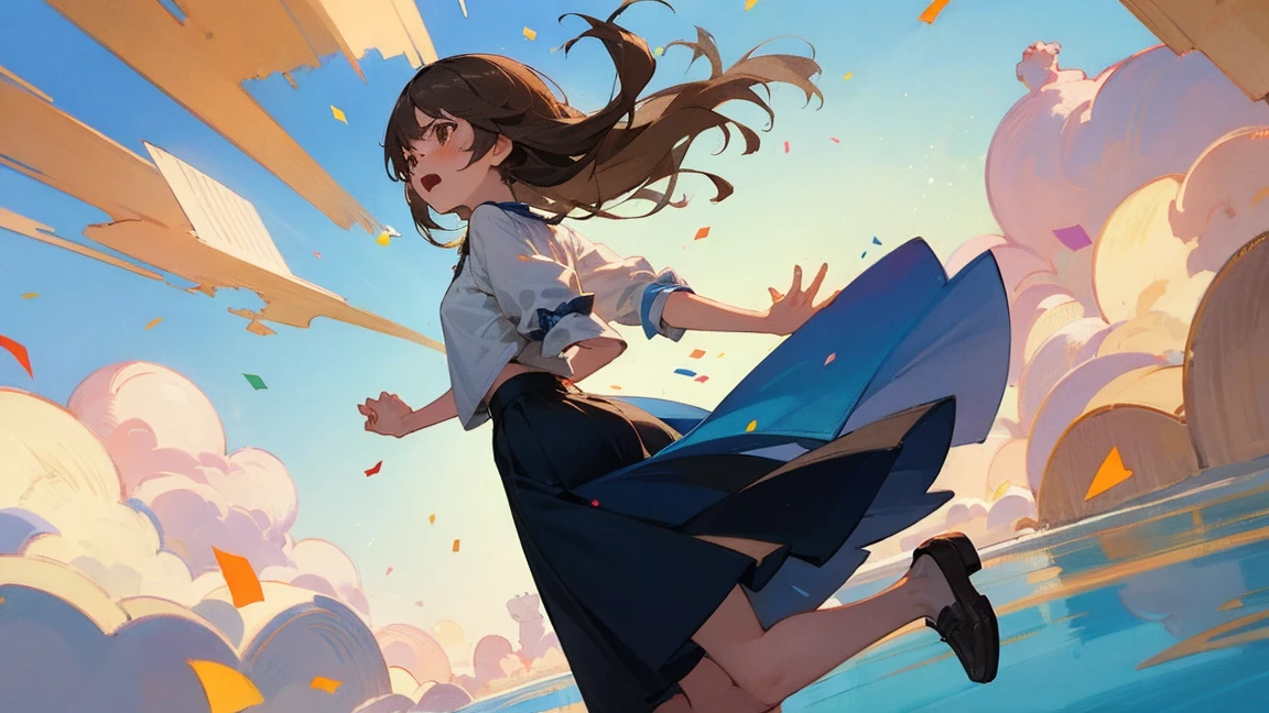 ((Highest quality)), ((masterpiece)), ((Very detailed)),Floatingする女の子,Angry expression,floating,Floating,Confetti,Brown Hair,tears,Levitating,Blue sky background,Feet in the air,tears,gravity,Long skirt,loafers,Raise both hands,beautiful fingers,beautiful hands,fingertip,nail,arms behind back