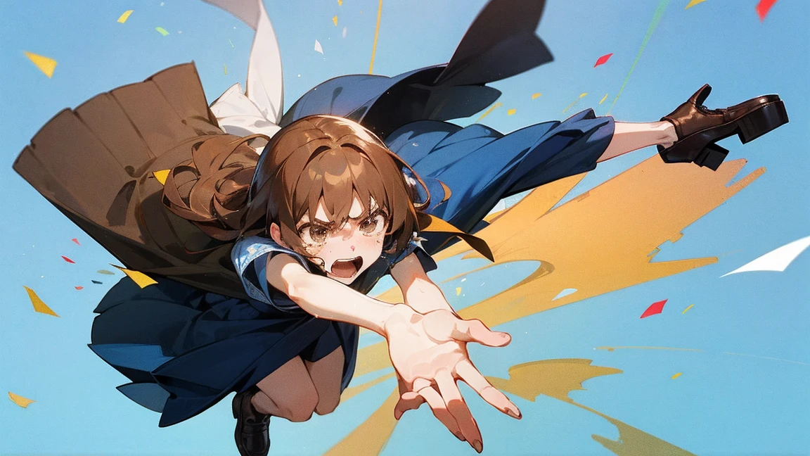 ((Highest quality)), ((masterpiece)), ((Very detailed)),Floatingする女の子,Angry expression,floating,Floating,Confetti,Brown Hair,tears,Levitating,Blue sky background,Feet in the air,tears,gravity,Long skirt,loafers,Raise both hands,beautiful fingers,beautiful hands,fingertip,nail,arms behind back