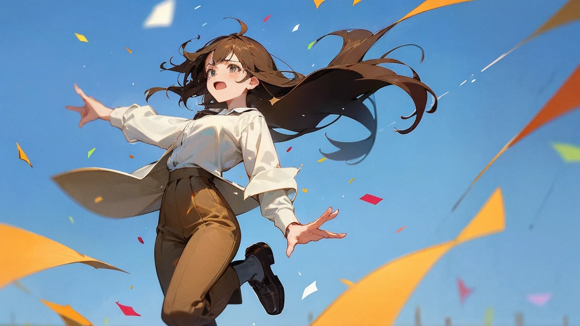 ((Highest quality)), ((masterpiece)), ((Very detailed)),Floatingする女の子,Angry expression，floating，Floating，Confetti，Brown Hair,tears,Levitating,Blue sky background,Feet in the air,tears,gravity,Long skirt,loafers,Raise both hands,beautiful fingers,beautiful hands,fingertip,nail,arms behind back