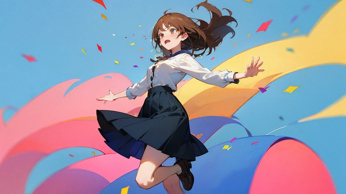 ((Highest quality)), ((masterpiece)), ((Very detailed)),Floatingする女の子,Angry expression,floating,Floating,Confetti,Brown Hair,tears,Levitating,Blue sky background,Feet in the air,tears,gravity,Long skirt,loafers,Raise both hands,beautiful fingers,beautiful hands,fingertip,nail,arms behind back