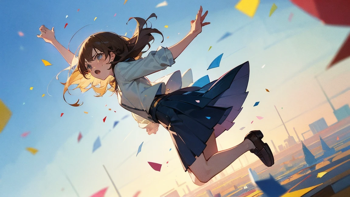 ((Highest quality)), ((masterpiece)), ((Very detailed)),Floatingする女の子,Angry expression,floating,Floating,Confetti,Brown Hair,tears,Levitating,Blue sky background,Feet in the air,tears,gravity,Long skirt,loafers,Raise both hands,beautiful fingers,beautiful hands,fingertip,nail,arms behind back