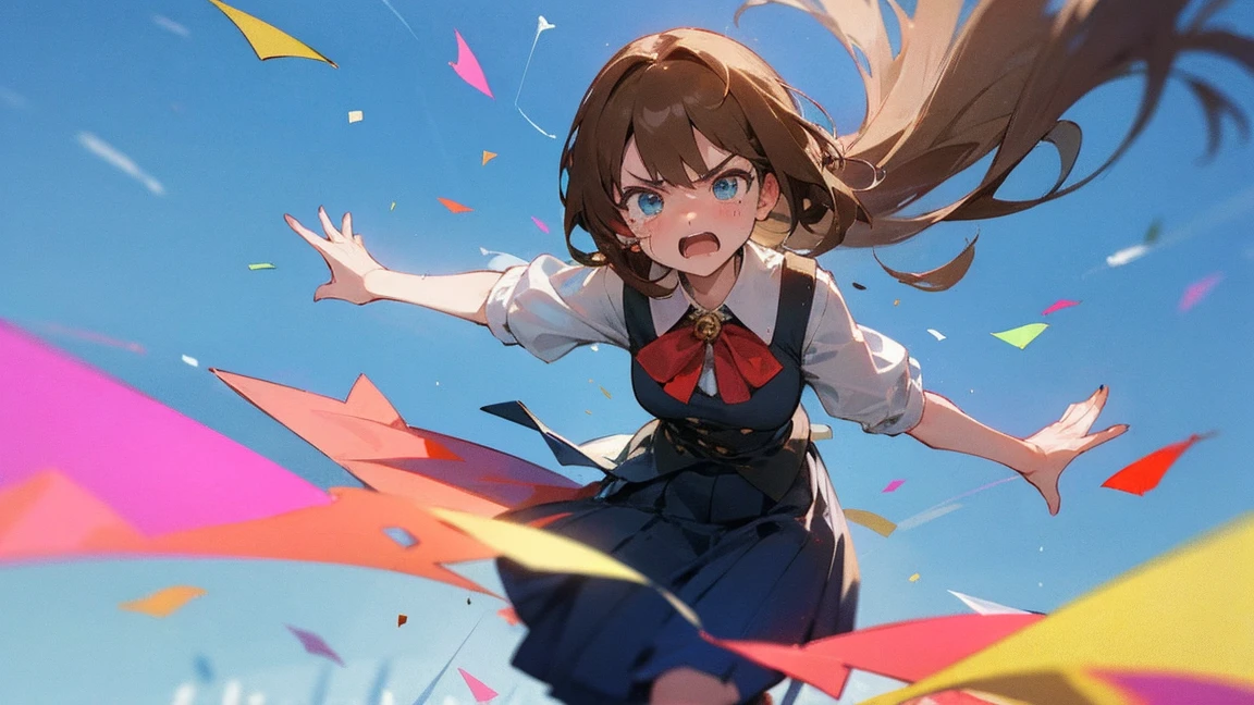 ((Highest quality)), ((masterpiece)), ((Very detailed)),Floatingする女の子,Angry expression，floating，Floating，Confetti，Brown Hair,tears,Levitating,Blue sky background,Feet in the air,tears,gravity,Long skirt,loafers,Raise both hands,beautiful fingers,beautiful hands,fingertip,nail,arms behind back