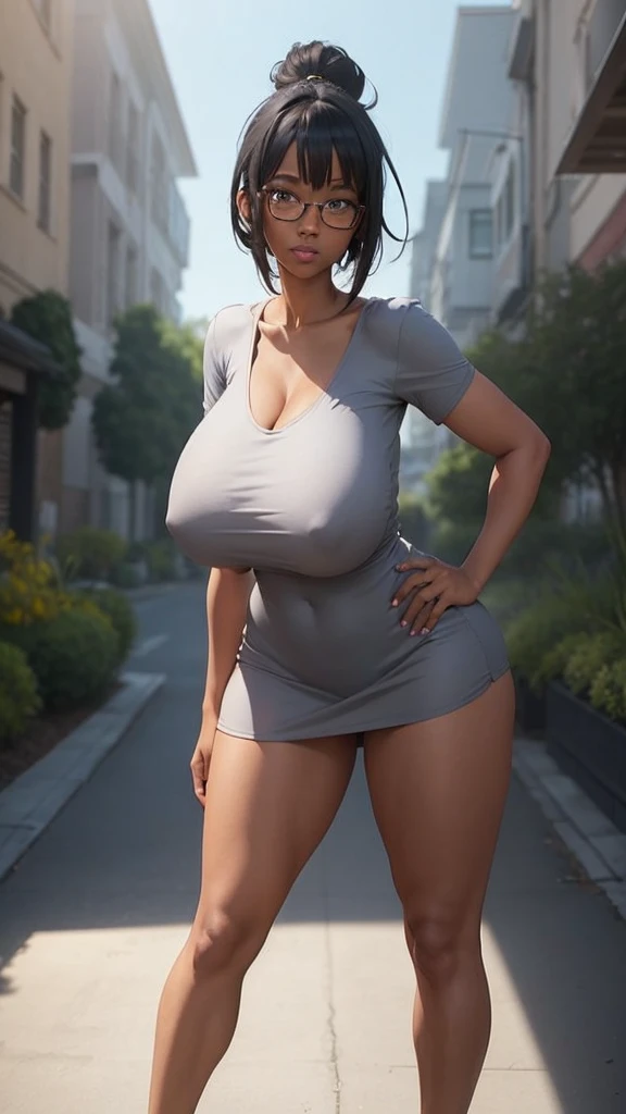 (Huge boobs), teacher, bob hair, glasses, grey t-shirt mini dress, dark skin, neckline, huge hips 