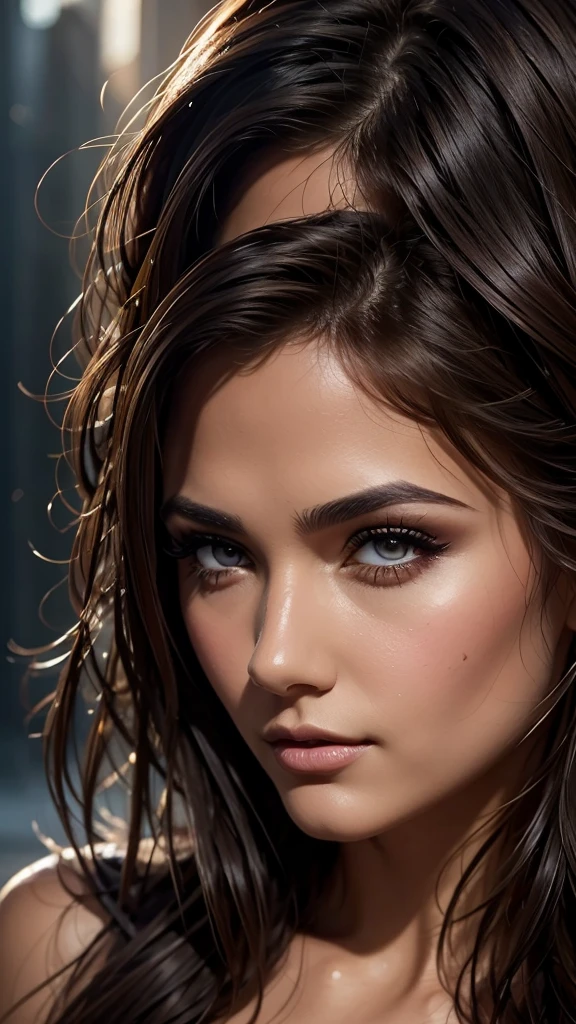 a beautiful woman, realistic portrait, detailed eyes, long eyelashes, full lips, flawless skin, volumized dark brown hair, realistic skin texture, dramatic lighting, cinematic composition, photorealistic, 8k, high resolution, intricate detail, masterpiece