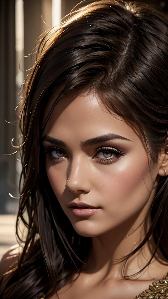 a beautiful woman, realistic portrait, detailed eyes, long eyelashes, full lips, flawless skin, volumized dark brown hair, realistic skin texture, dramatic lighting, cinematic composition, photorealistic, 8k, high resolution, intricate detail, masterpiece