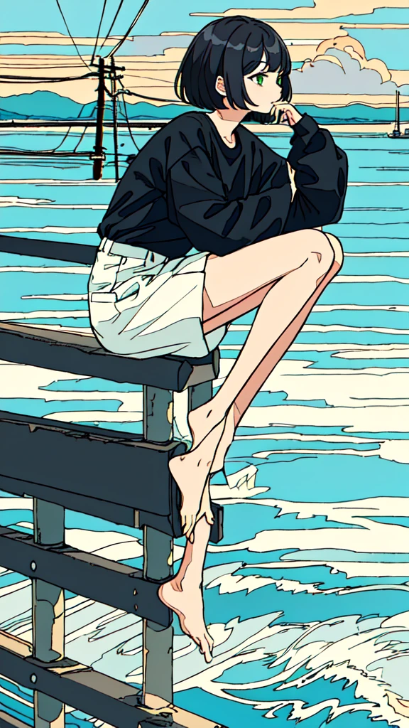 masterpiece, intricate details,highest quality, 1 girl, alone, handrail, cloud, sitting, outdoor, whale, short hair, shoes, null, long sleeve, sneakers, power line, 白いshoes, black hair, looking at the viewer, telephone pole, bangs, cloudy null, fish, bird, green eyes, shorts, animal, Day, black shirt, barefoot