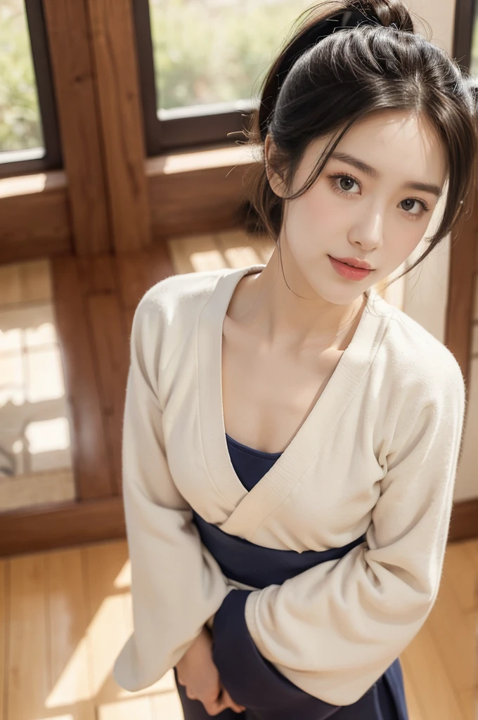 (((best quality))),(((ultra detailed))),(((masterpiece))),illustration,1girl,solo,short ponytail,slim,thin,small breasts,flat chest,white collar,white kendogi,three-quarter sleeves,navy-blue kendo hakama,standing in kendodo gym,arms behind back,focused and determined expression,ready for challenge,slender and elegant face,confident and resilient,fair skin,blush,neat teeth,bright smile,clean and tidy uniform,wooden gym floor,wall,pine scent,standard grip,ready to slice through obstacles,strong belief,determination,spirit of resilience,admiring,from front,full body