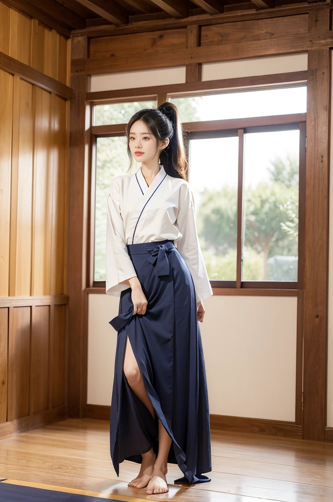 (((best quality))),(((ultra detailed))),(((masterpiece))),illustration,1girl,solo,short ponytail,slim,thin,small breasts,flat chest,white collar,white kendogi,three-quarter sleeves,navy-blue kendo hakama,standing in kendodo gym,arms behind back,focused and determined expression,ready for challenge,slender and elegant face,confident and resilient,fair skin,blush,neat teeth,bright smile,clean and tidy uniform,wooden gym floor,wall,pine scent,standard grip,ready to slice through obstacles,strong belief,determination,spirit of resilience,admiring,from front,full body