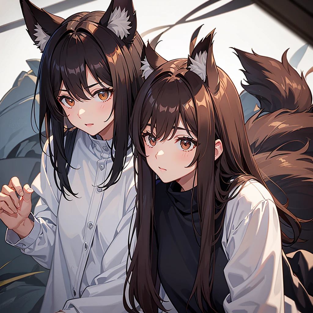 dark brown hair, shorth hair, loose hair, ear wolf, 