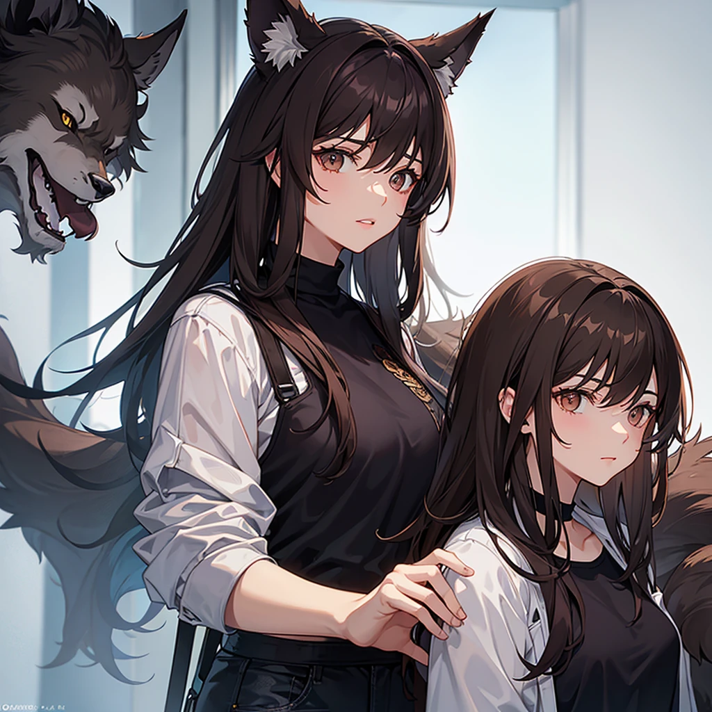 dark brown hair, shorth hair, loose hair, ear wolf, 