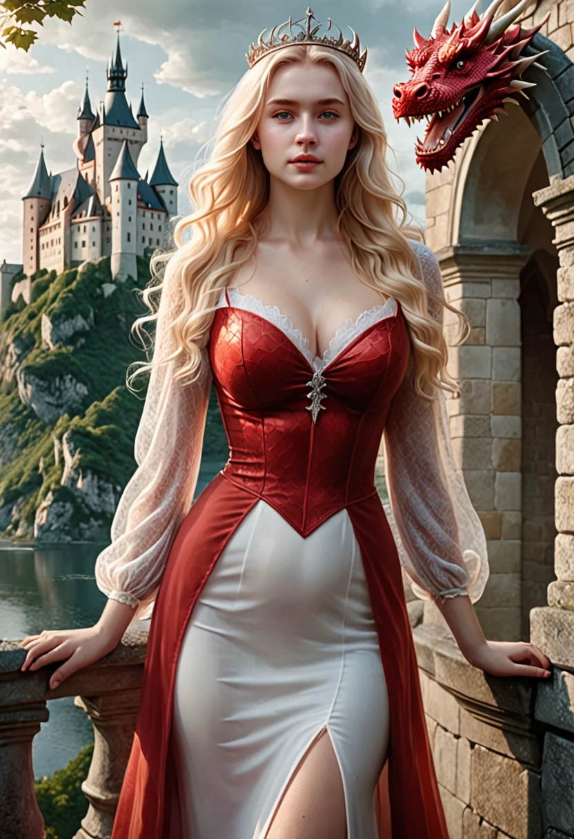 Create an enchanting scene featuring a young Polish Queen named Zofia. She has long wavy blonde hair, a curvy body, and wears a transparent red and white dress. The background should depict an ancient castle, and a magnificent dragon with shimmering scales should be present. The overall style should be hyperrealistic, with a touch of fantasy magic