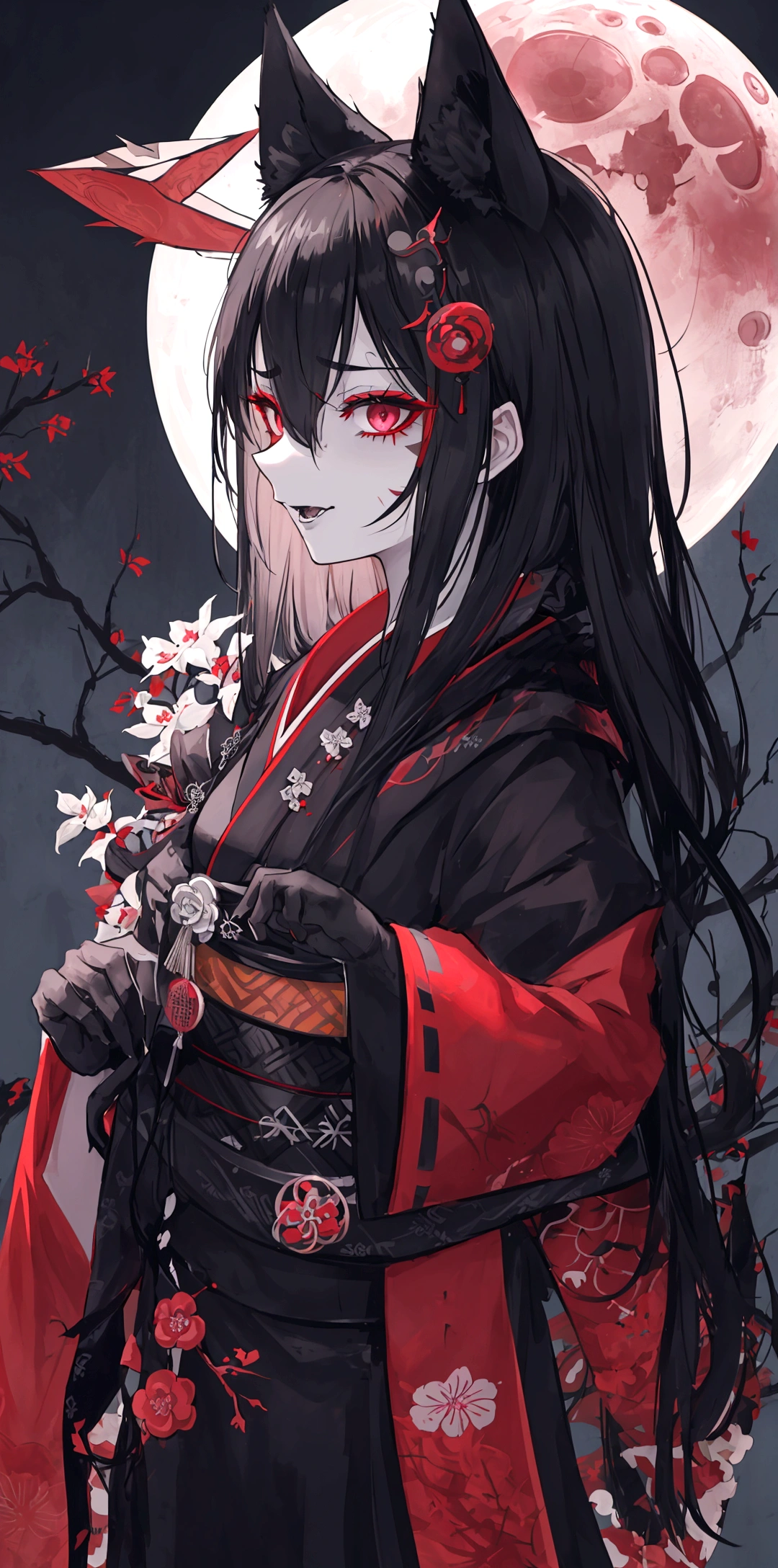 ((Evil expression, Best masterpiece, Perfect quality, Ultra detailed)), A girl with black fox-ears, face scars and morbid bloodless-face. She is wearing black Japanese-kimono and holding 匕首 the knife. She is eerily laughing, insanity. Blood-moon, Scarlet celestials, Groves at night, dark atmosphere, Gloomy, Profile