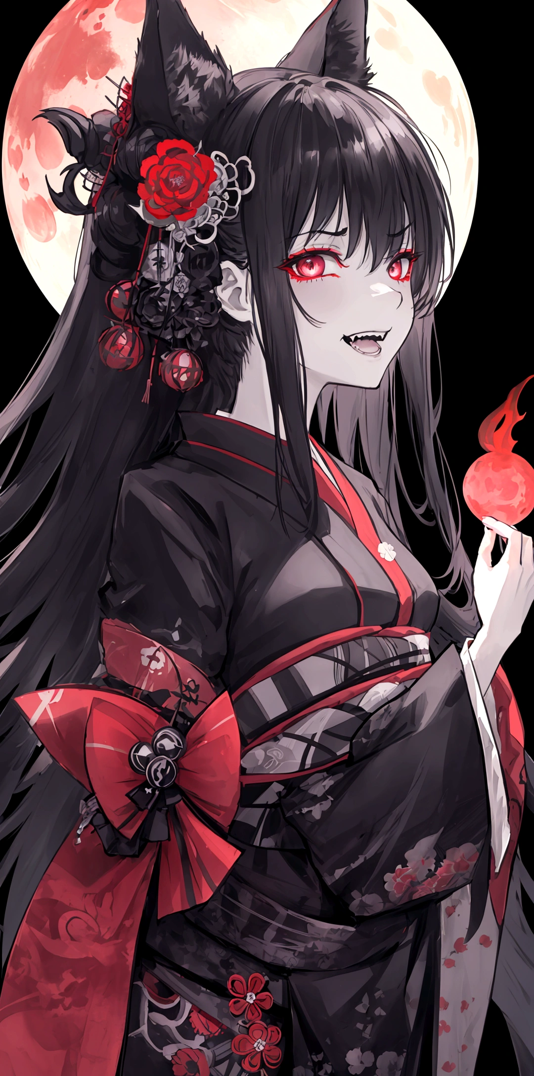 ((Evil expression, Best masterpiece, Perfect quality, Ultra detailed)), A girl with black fox-ears, face scars and morbid bloodless-face. She is wearing black Japanese-kimono and holding 匕首 the knife. She is eerily laughing, insanity. Blood-moon, Scarlet celestials, Groves at night, dark atmosphere, Gloomy, Profile