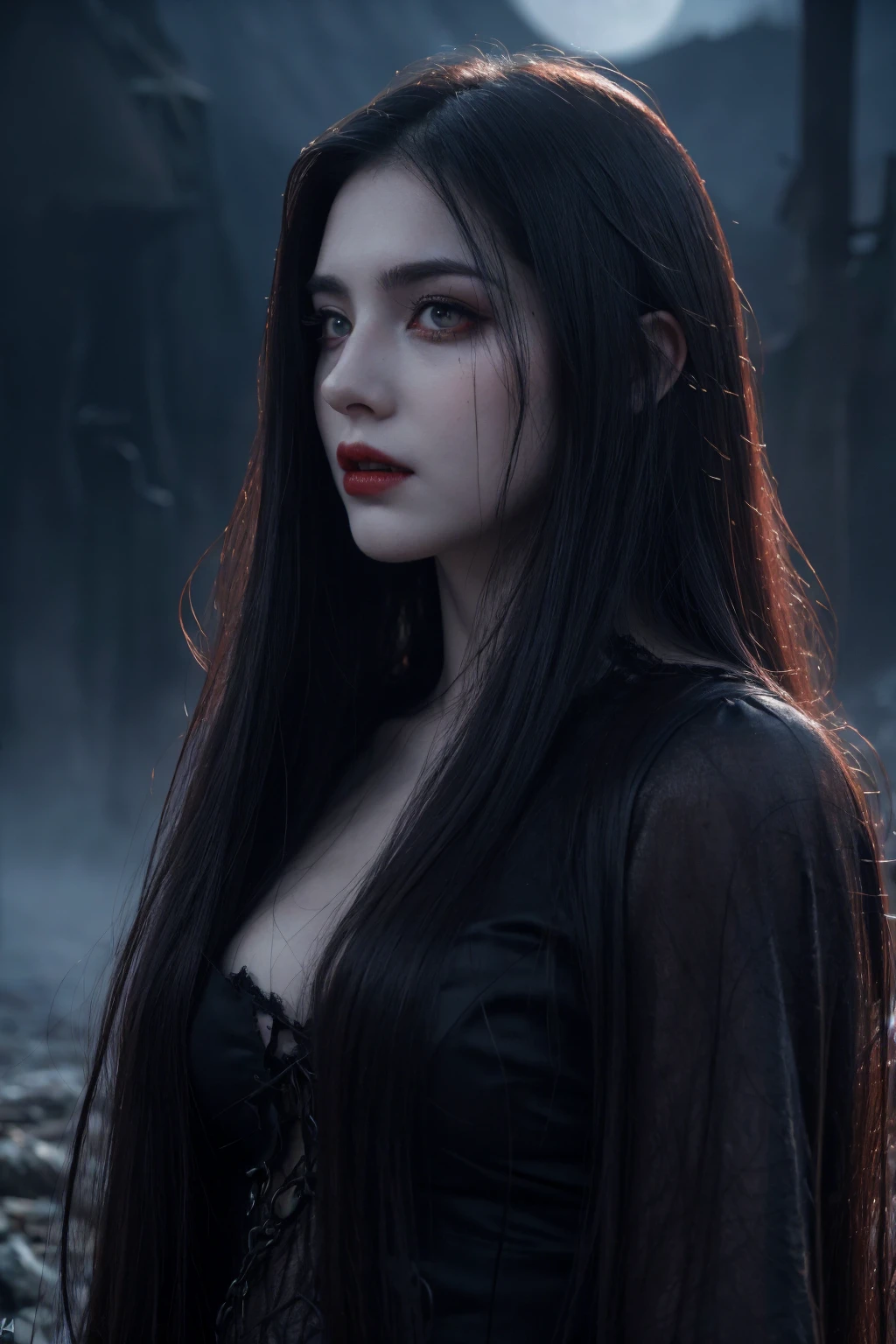 a dark fantasy world, 1girl, long flowing hair, sinister expression, ghostly pale skin, glowing red eyes, sharp fangs, demonic horns, dark tattered clothing, mysterious aura, foggy eerie landscape, full moon in night sky, haunting atmosphere, (best quality,4k,8k,highres,masterpiece:1.2),ultra-detailed,(realistic,photorealistic,photo-realistic:1.37),dark fantasy,horror,surreal