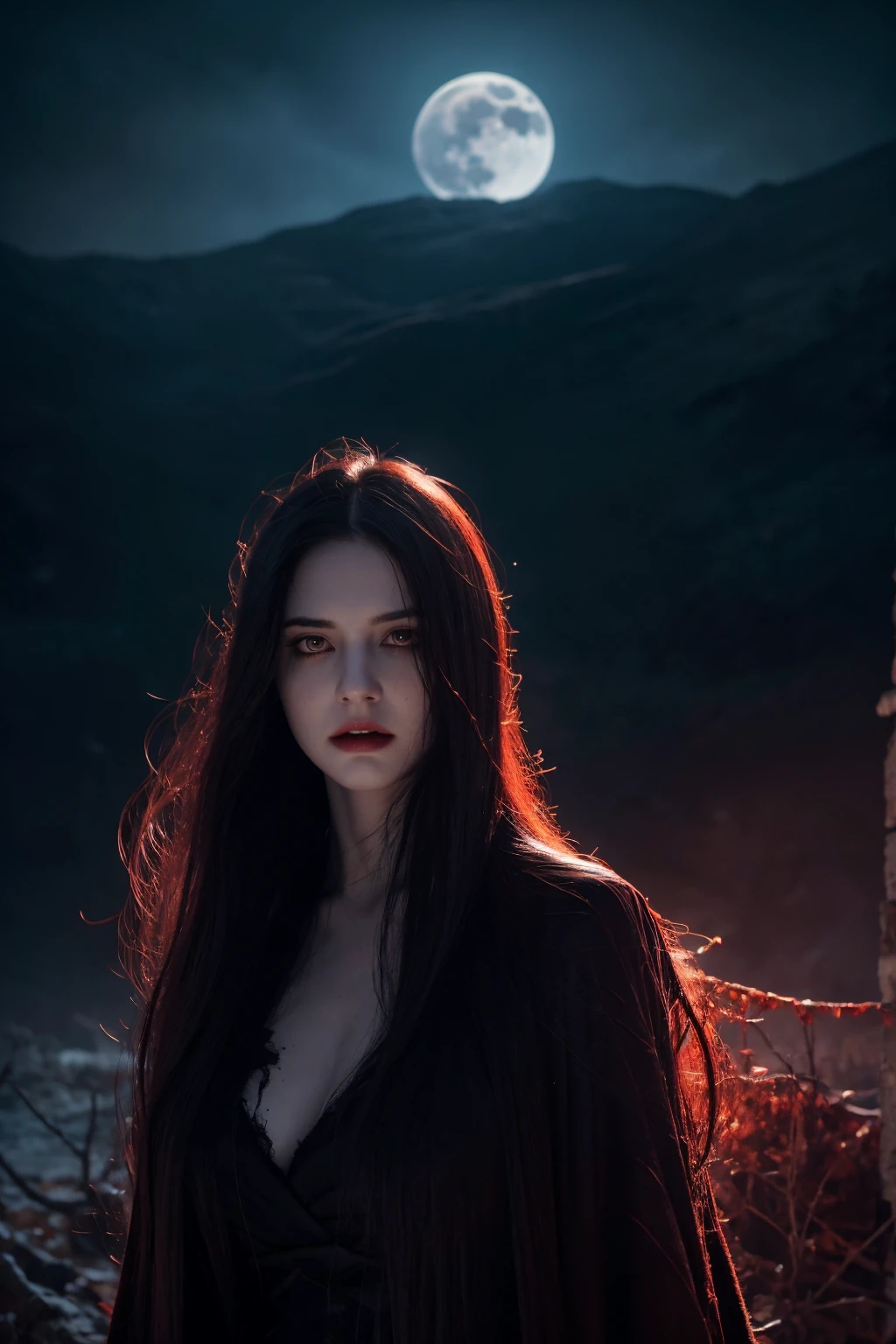 a dark fantasy world, 1girl, long flowing hair, sinister expression, ghostly pale skin, glowing red eyes, sharp fangs, demonic horns, dark tattered clothing, mysterious aura, foggy eerie landscape, full moon in night sky, haunting atmosphere, (best quality,4k,8k,highres,masterpiece:1.2),ultra-detailed,(realistic,photorealistic,photo-realistic:1.37),dark fantasy,horror,surreal