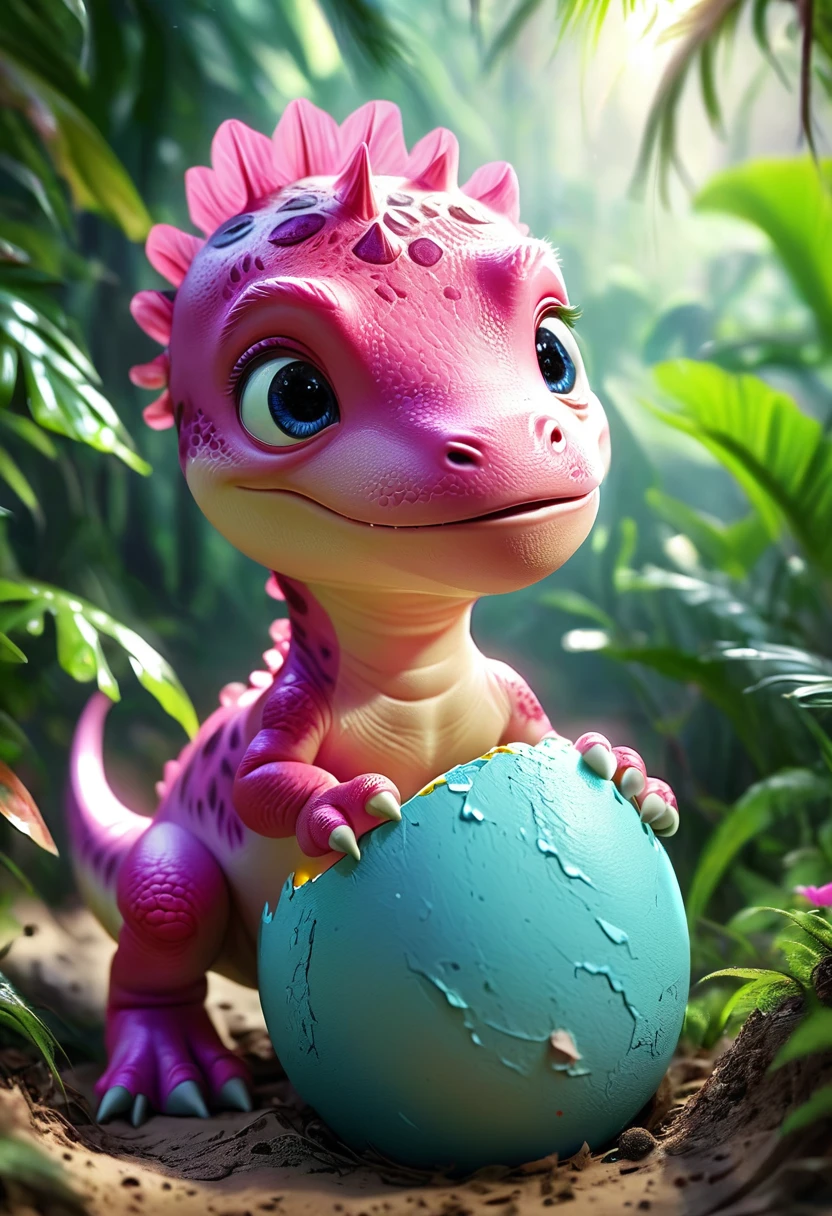 (A cute pink baby Tyrannosaurus Rex hatches from an egg：1.37), Beautiful and delicate eyes, Long eyelashes,Beautiful and delicate face, Extremely detailed eyes and face, Cute expression, Dense jungle background, Dreamy, Fantastic, watercolor, number, (best quality,4K,8K,high resolution,masterpiece:1.2),Extremely detailed,(Practical,photoPractical,photo-Practical:1.37),Vibrant colors,Soft lighting
