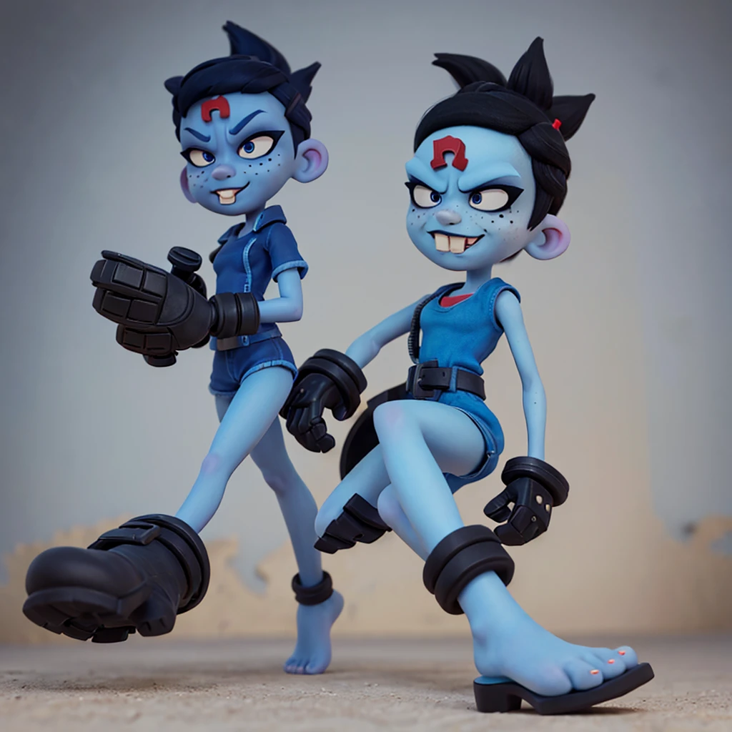 nina cortex, short black hair, blue skin, freckles, black eyes, buck teeth, mechanical gloves, forehead mark 'n', barefoot, five-toed feet, soles,