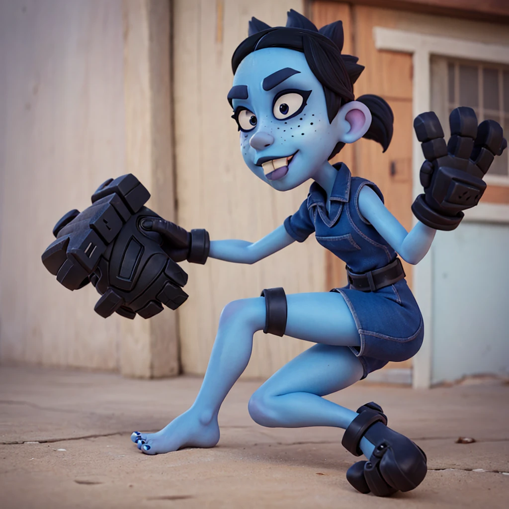 nina cortex, short black hair, blue skin, freckles, black eyes, buck teeth, mechanical gloves, forehead mark 'n', barefoot, five-toed feet, soles,