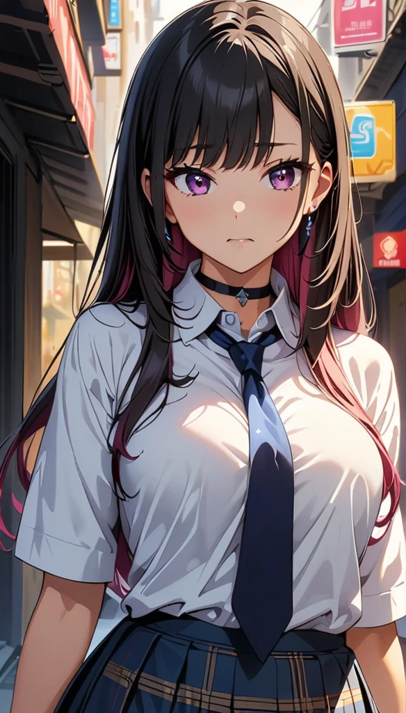 (highest quality:1.2, Anime artwork, Very detailed, High Detail, digital coloring, High Contrast, masterpiece:1.2, highest quality, Best aesthetics), (((kitagawa marin, 1 girl))), Black Hair, Straight long hair, Pink gradient hair, pink eyes, Earrings, White shirt, Black choker, Blue tie, Checked skirt, Pouting, slouch, Are standing, Cowboy Shot, bustling street, 