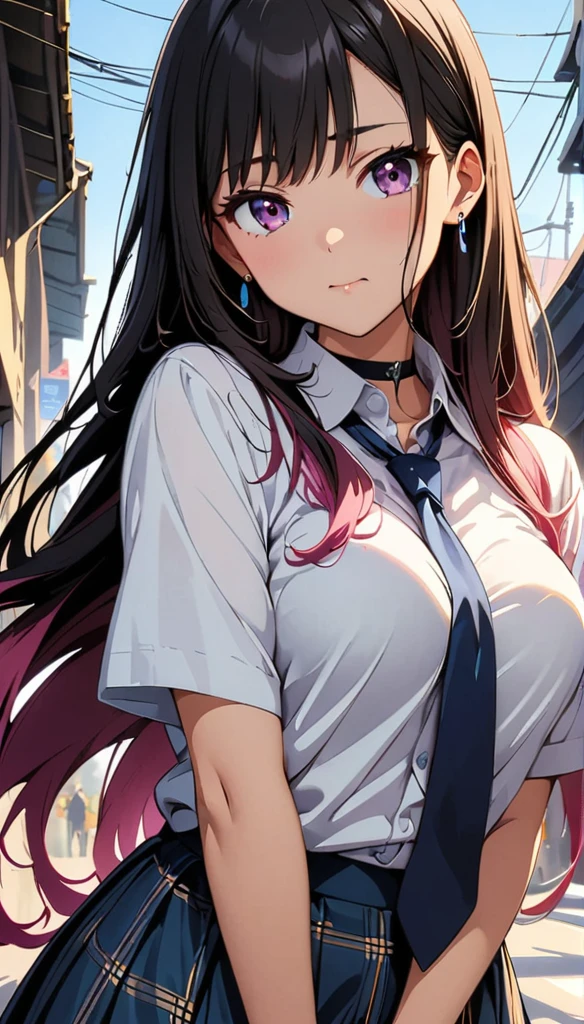 (highest quality:1.2, Anime artwork, Very detailed, High Detail, digital coloring, High Contrast, masterpiece:1.2, highest quality, Best aesthetics), (((kitagawa marin, 1 girl))), Black Hair, Straight long hair, Pink gradient hair, pink eyes, Earrings, White shirt, Black choker, Blue tie, Checked skirt, Pouting, slouch, Are standing, Cowboy Shot, bustling street,