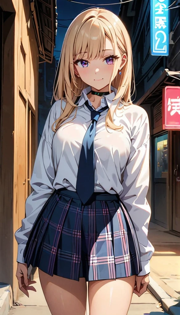 (highest quality:1.2, Anime artwork, Very detailed, High Detail, digital coloring, High Contrast, masterpiece:1.2, highest quality, Best aesthetics), (((kitagawa marin, 1 girl))), Black Hair, Straight long hair, Pink gradient hair, pink eyes, Earrings, White shirt, Black choker, Blue tie, Checked skirt, Pouting, slouch, Are standing, Cowboy Shot, bustling street,