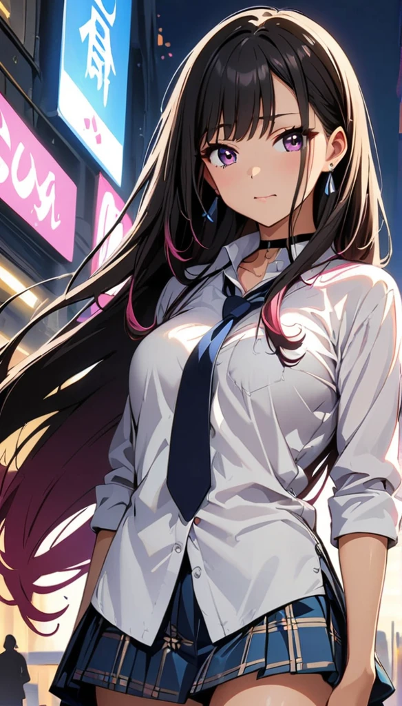 (highest quality:1.2, Anime artwork, Very detailed, High Detail, digital coloring, High Contrast, masterpiece:1.2, highest quality, Best aesthetics), (((kitagawa marin, 1 girl))), Black Hair, Straight long hair, Pink gradient hair, pink eyes, Earrings, White shirt, Black choker, Blue tie, Checked skirt, Pouting, slouch, Are standing, Cowboy Shot, bustling street,