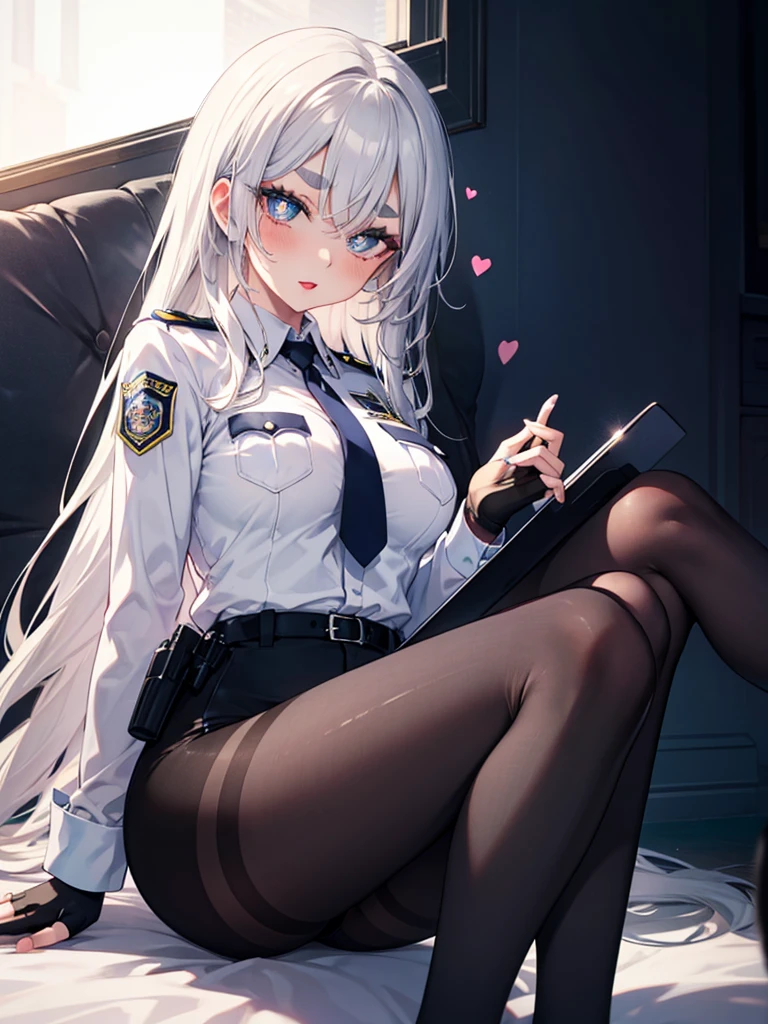 mature_female,silver hair,lipstick,eyeshadow,long_eyelashes,thick eyebrows,ahegao,jitome,heart-shaped_pupils,black_pantyhose,fingerless_gloves,police_uniform,long hair,
