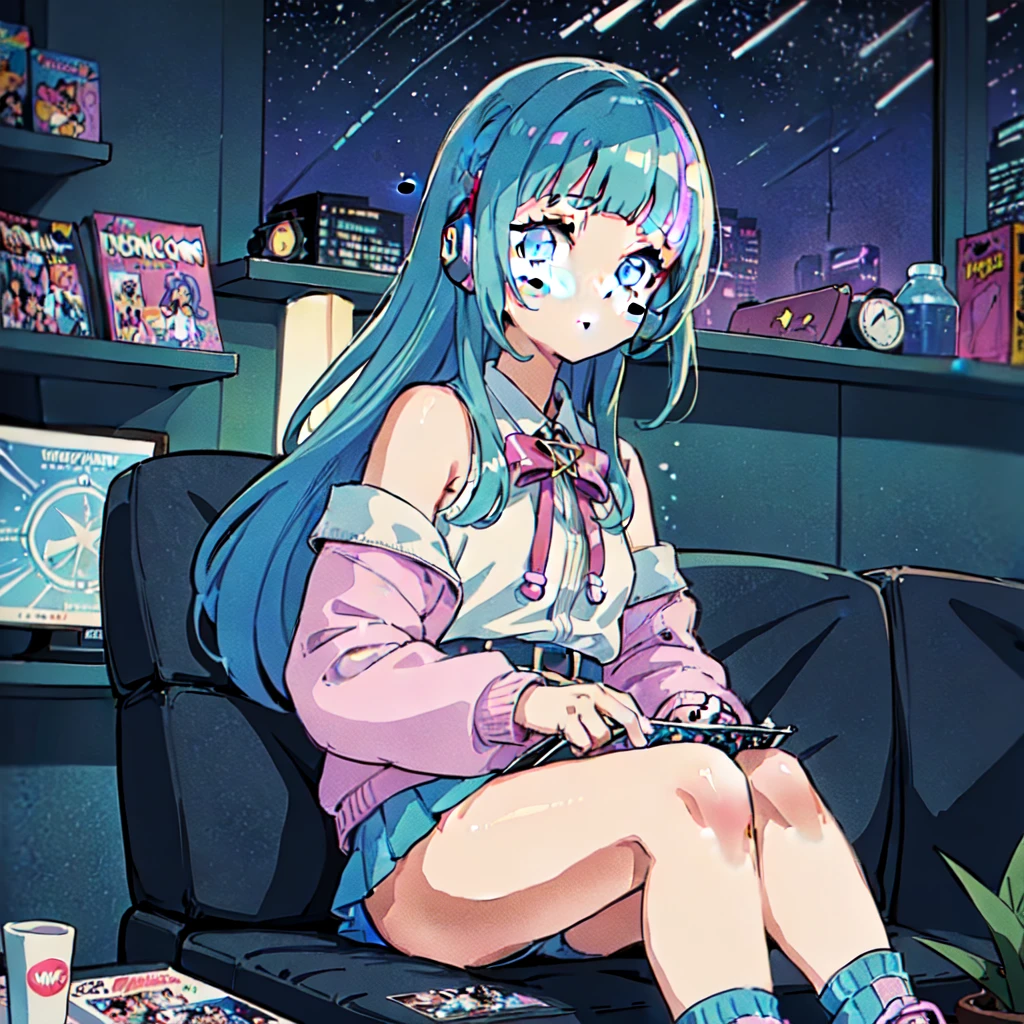 (masterpiece), Highest quality, Expressive eyes, Neon pastel aesthetics, Retro 90s, Neon color,((Girl sitting on sofa,In a cozy room,Records hanging on her wall, Comic books on the floor, Looking out the window behind her at the night city, Upholstered room, Anime figures lined up on a shelf)), Wearing headphones, (All around her it sparkles), (wearing thick colorful sneakers), (blue eyes), (Soft look), (Synthwave Art Style), Colorful Hair, Desk with PC set up