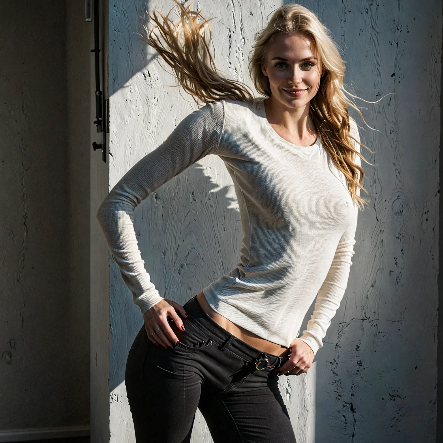 a beautiful picture of an typical icelandic woman in tight casual clothes, high quality,full upperbody, (smile:0.5), nsfw, solo 1 woman, there are some sexual aspects in the picture, the focus is on her, volumetric lightin, high quality shadows,