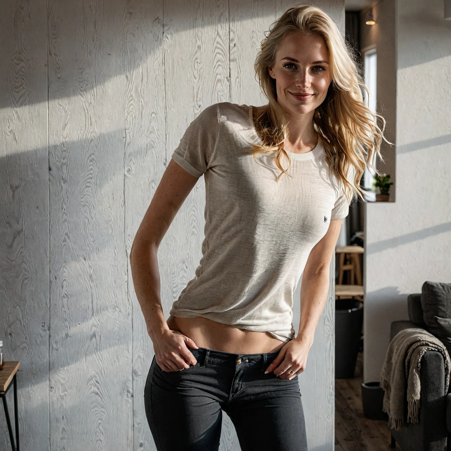 a beautiful picture of an typical icelandic woman in tight casual clothes, high quality,full upperbody, (smile:0.5), nsfw, solo 1 woman, there are some sexual aspects in the picture, the focus is on her, volumetric lightin, high quality shadows, 