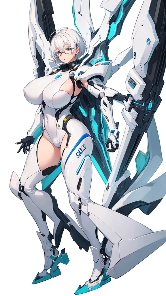 (one anime girl, glasses, white short hair, huge breasts, white futuristic suit, watching on viewer, in a dynamic pose), ((white background)),(((in full growth,full body)))