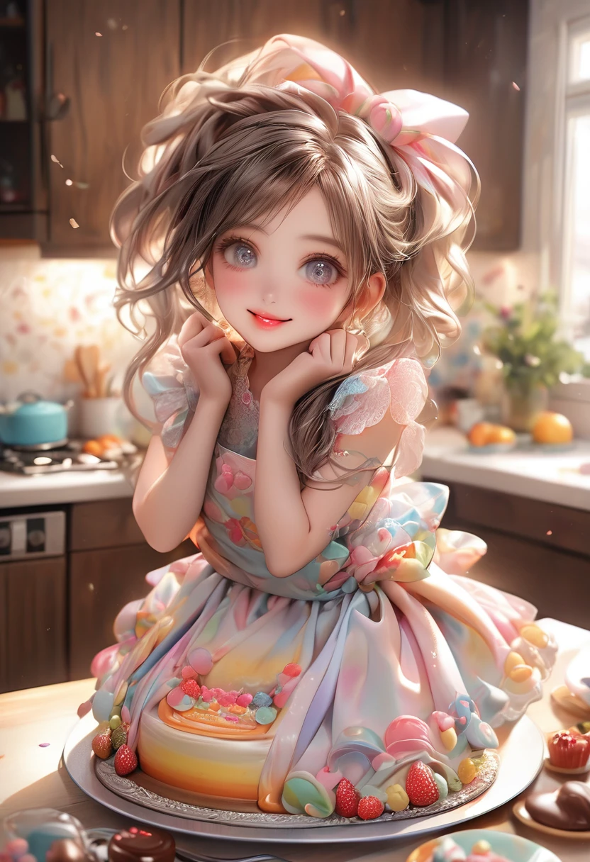 beautiful cute girl, colorful kitchen, extremely intricate cute dress apron outfit, baking a cake, sneaking a taste, chocolate on her lips, happy smiling face, (highest quality,16k,highres,masterpiece:1.2),ultra-detailed,(ultra-realistic,photorealistic,photo-realistic:1.37),extremely detailed eyes and face,beautiful detailed eyes,beautiful detailed lips,longeyelashes,idol posing,warm color tones,natural lighting,soft focus,cute,adorable,whimsical,sweet