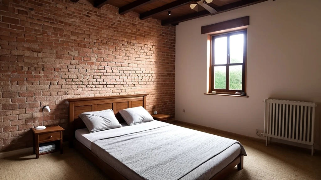 Very simple brick house interior，Very simple bed，The bed is a straw mat，Empty scene，It's dim，No furniture，No windows，Without sunlight，night