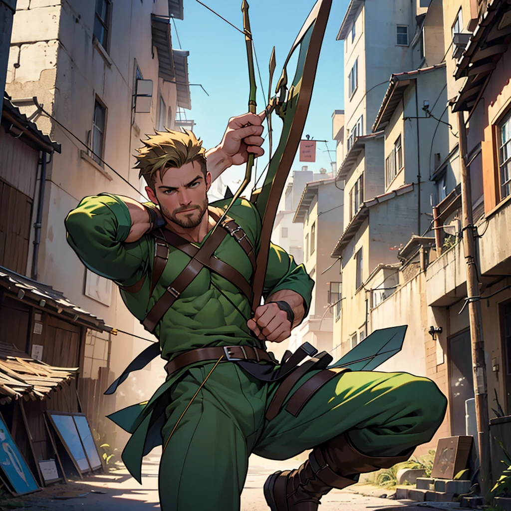 In movement ,in action , 8k, high quality , very well detailed face , detailed fingers ,detailed muscles, detailed background,  stephen amell as green arrow , wearing dark green outfit, showing a dark blond short hair WITH FADE AWAY , a well groomed facial hair , a bulge ,hunk and handsome, using his bow and arrow , aiming with his bow and arrow toward the ennemy,in action , jumping from roof to roof , in the air  , with the quiver on his back full of arrows, background cityscape at DAY LIGHT 
