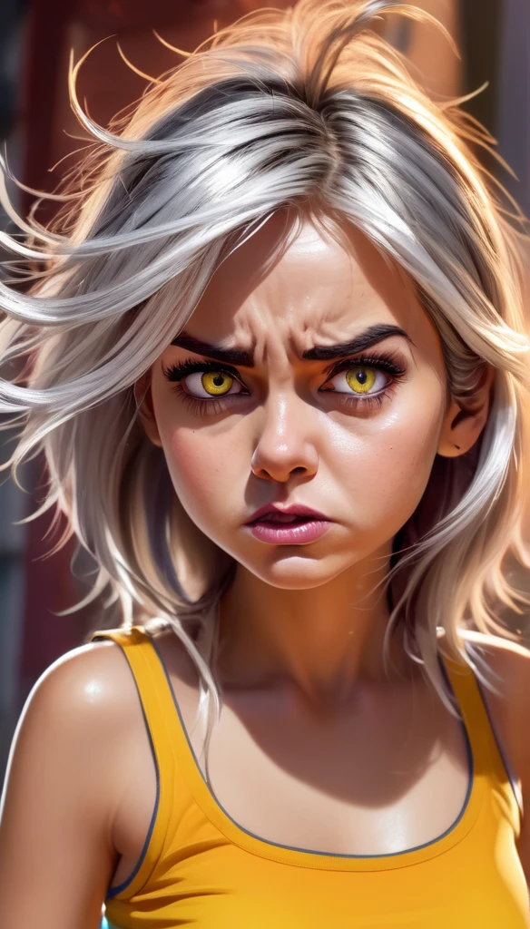 a small mean girl, 1girl, Yellow tanktop, angry expression, big exaggerated eyes, pointy nose, sharp teeth, silver messy disheveled hair, glaring, scowling, hands on hips, caricature, cartoon style, exaggerated features, bright vibrant colors, dynamic pose, humorous, comical, satirical, digital painting, colorfull background. (best quality,4k,8k,highres,masterpiece:1.2),ultra-detailed,(realistic,photorealistic,photo-realistic:1.37)
