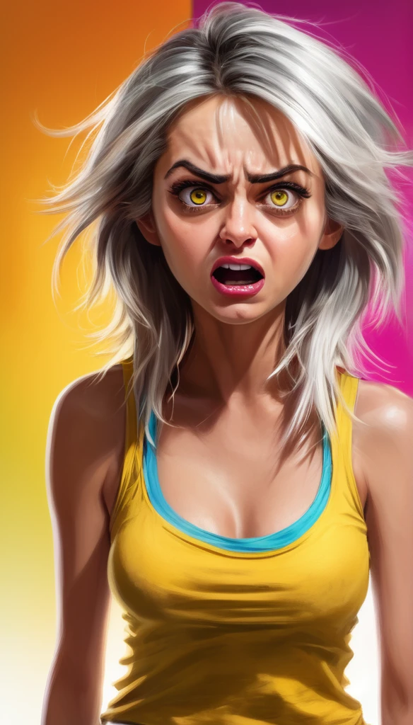 a small mean girl, 1girl, Yellow tanktop, angry expression, big exaggerated eyes, pointy nose, sharp teeth, silver messy disheveled hair, glaring, scowling, hands on hips, caricature, cartoon style, exaggerated features, bright vibrant colors, dynamic pose, humorous, comical, satirical, digital painting, colorfull background. (best quality,4k,8k,highres,masterpiece:1.2),ultra-detailed,(realistic,photorealistic,photo-realistic:1.37)