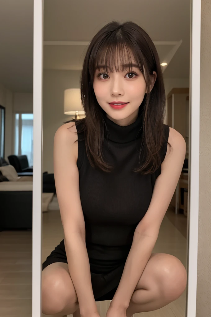 Highest quality masterpiece 8K Ultra-detailed Face Blonde Full body photo Cute pose y Photos Focus on the face Professional Lighting Vivid Photos Happy expression Sulky look Ecstatic expression Sexpeal Glossのある濡れたカラスの毛 Gloss Cute and sly Droopy eyes Absurd Heavy bangs A wide variety of skin tones Black sweater dress Thighs Selfie turtleneck Thighs Mirror photo Reflected in the mirror No sleeve Sleeveless sweater squat Get on your knees