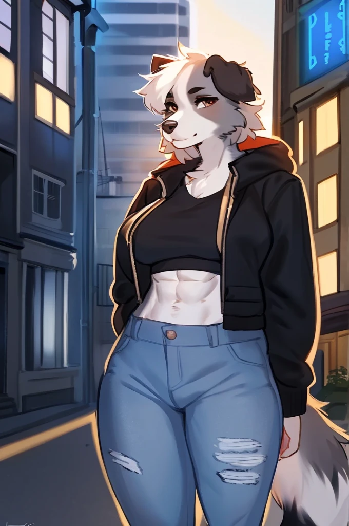 By bebebebebe, by lostgoose, by goonie-san, (by spuydjeks), solo, female, standing, canine, (bearded collie, detailed eyes), ((snout, hair)), (grey fur, light grey fur), big breasts, hands behind back, looking at viewer, English city, brown townhouses, standing in the city, (high-waisted jeans), crop shirt, jacket, abs, (Balenciaga), hands in jacket pocket