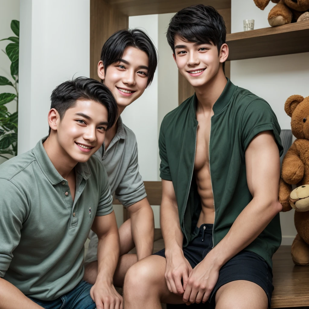 2 young men, focus man , Yaoi, pair, portable princess, bear, look elsewhere, smile, short hair, black hair, green eyes, black hair, gray eyes , The best aesthetics , best quality, Amazing quality, The best aesthetics, nonsense,bright