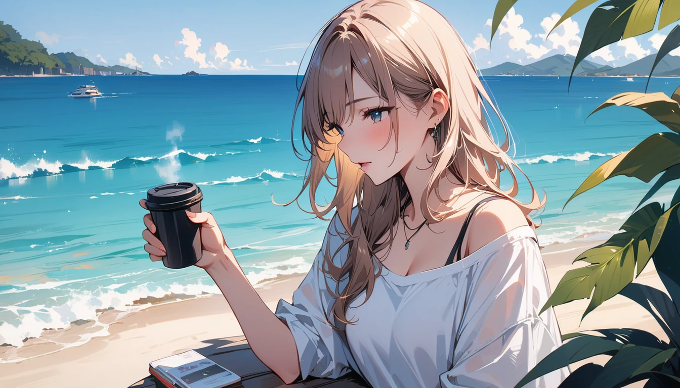 (masterpiece, Highest quality:1.2), 1 Girl, alone,Eyes open,Have a coffee,Tropical atmosphere,Ocean