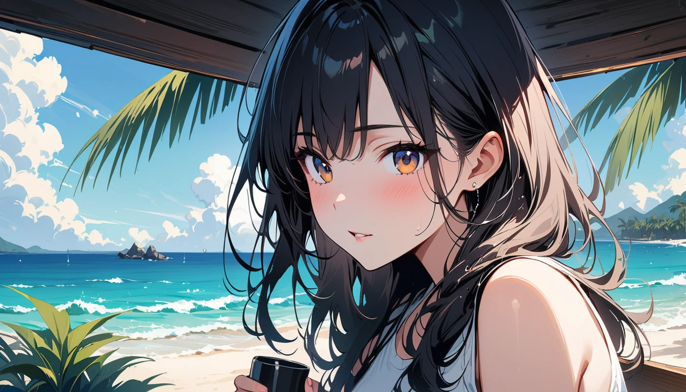 (masterpiece, Highest quality:1.2), 1 Girl, alone,Eyes open,Have a coffee,Tropical atmosphere,Ocean