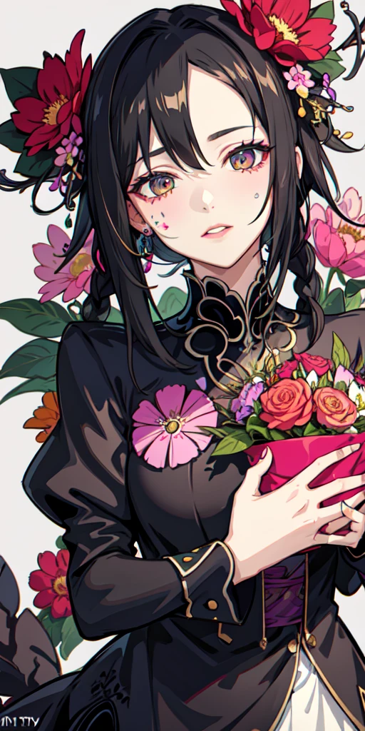 style by NTY, a woman, infected face, flowers, flower armor, colorful background, cluttered,  