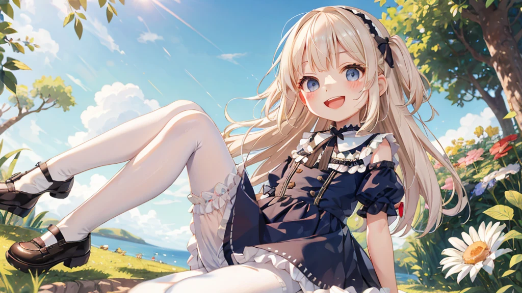 Highest quality, Ultra-detailed, Lolita Fashion, One Girl(8-year-old),Beautiful girl,Laughter, Arms crossed, Platinum Blonde Hair, At Moai Island,Flat Chest,Perfect limbs,The morning sun shines、pantyhose、Spread your legs、Bloomers